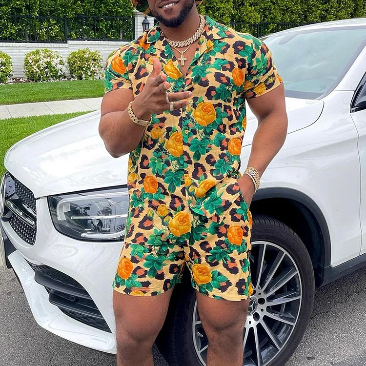 BrosWear Rose Leopard Print Hawaiian Shirt And Shorts Co-Ord