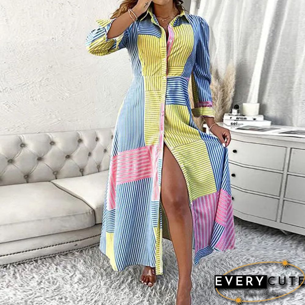 Fashion Blue Yellow Color Matching Striped Dress Ladies New Long Sleeve Lapel Maxi Shirt