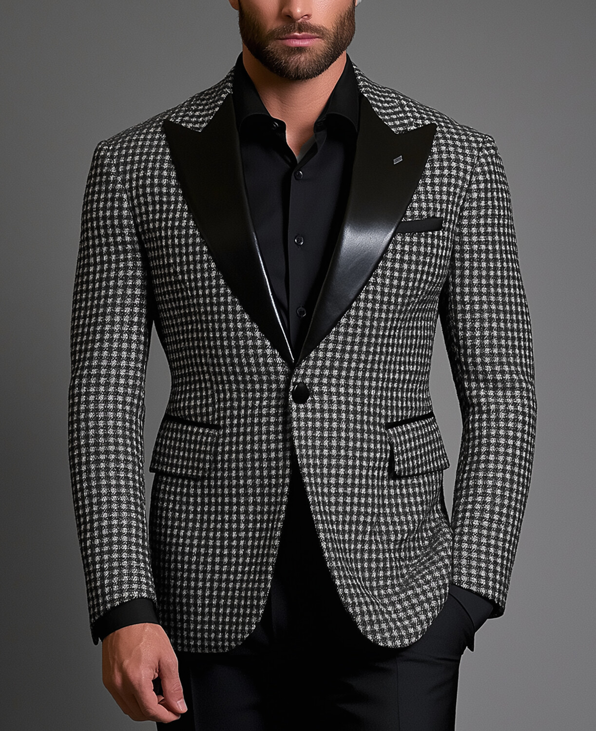 Okaywear Business Peak Lapel Button Houndstooth Pattern Blazer