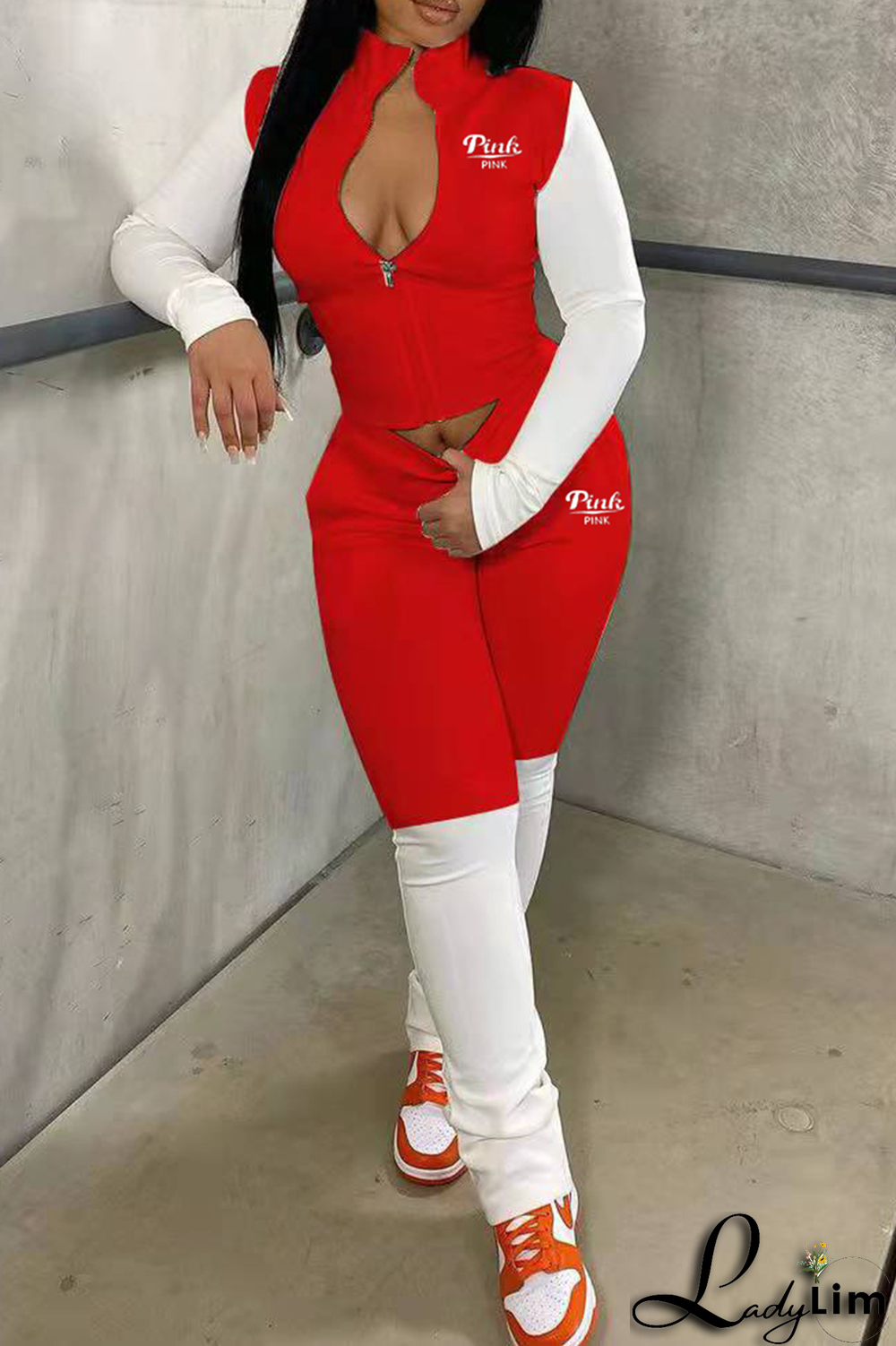 Black Casual Print Patchwork Zipper Collar Long Sleeve Two Pieces