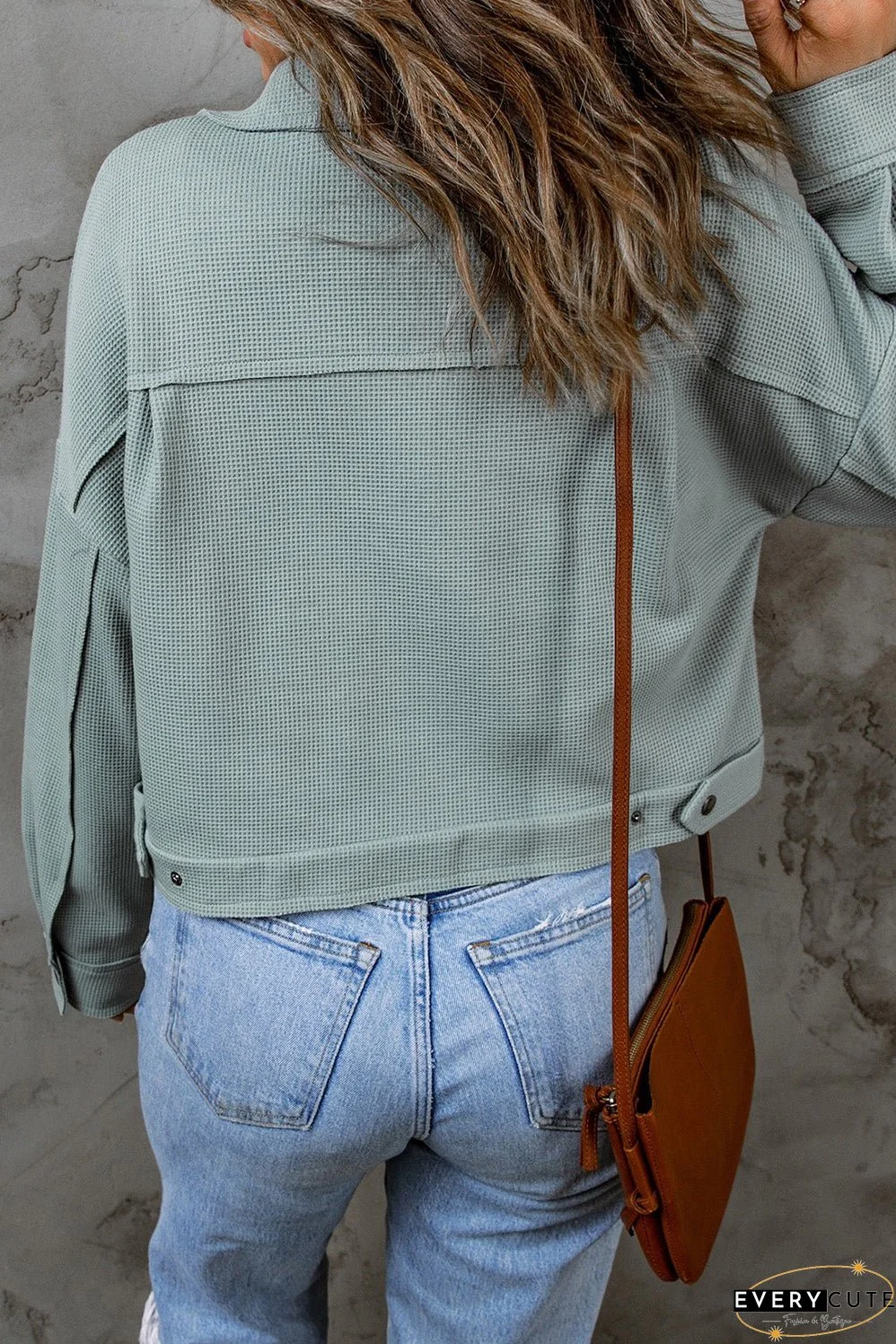 Waffle Knit Buttons Cropped Blue Jacket with Pockets