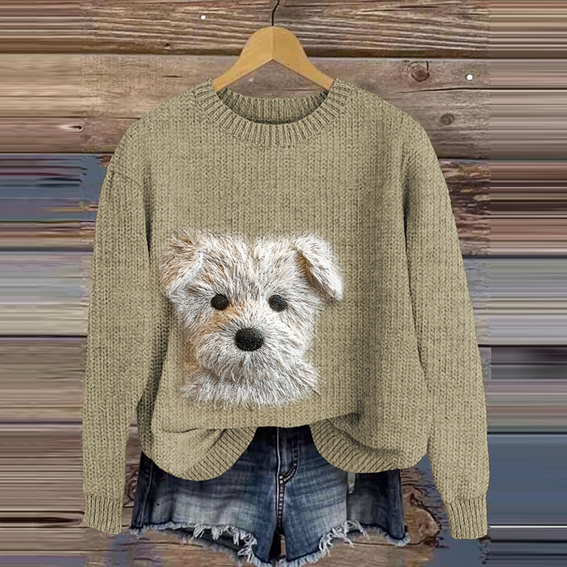Comstylish Cute West Highland Terrier Dog Embroidery Art Cozy Sweater