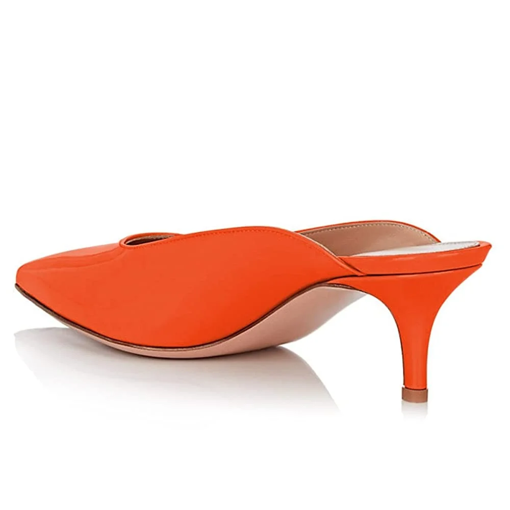 Orange Patent Leather Kitten Heeled Mules with Pointed Toe