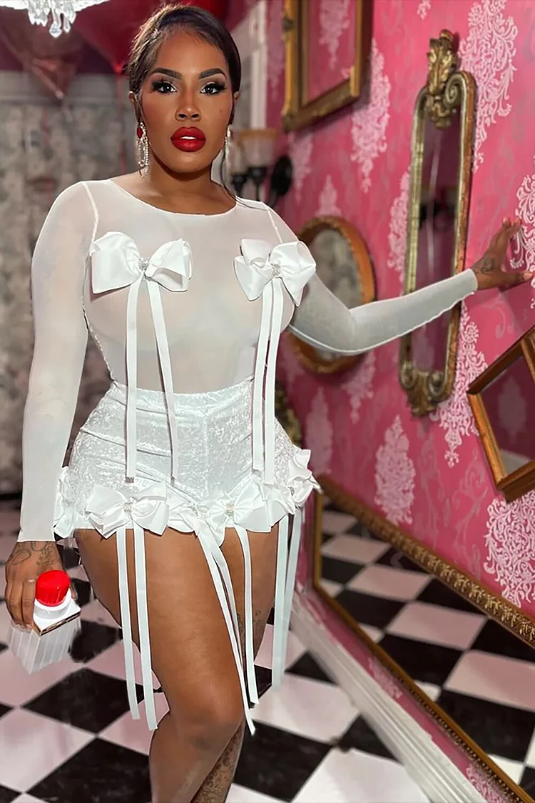 Bow Decor See Through Long Sleeve Top Streamer Fringed Shorts 2pcs Set-White