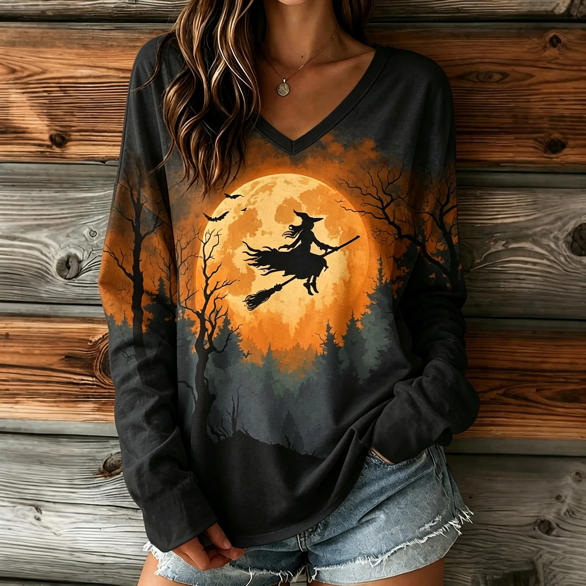 Comstylish Women's Halloween Broom Print V-neck Long-sleeved T-shirt