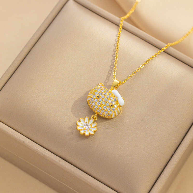 Design Kt Cat Pendant Necklace Micro Inlaid Zircon Copper Plated 18 Gold All-Match Clavicle Chain