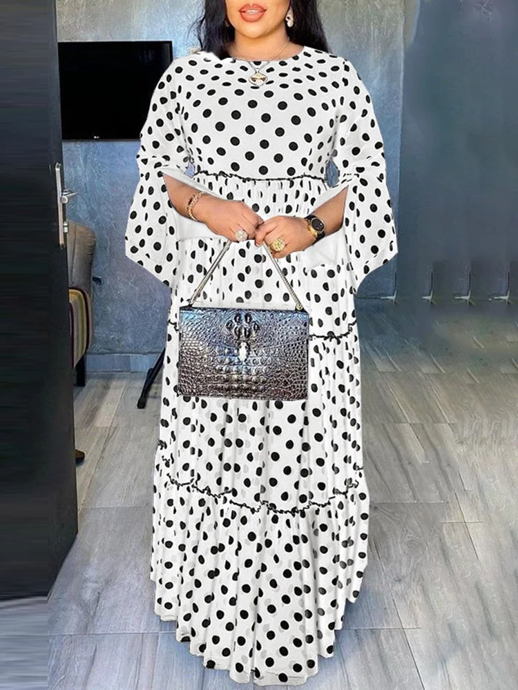 Polka Dot Print Splited Sleeve Pleated Maxi Dresses For Women SKUJ10276 QueenFunky