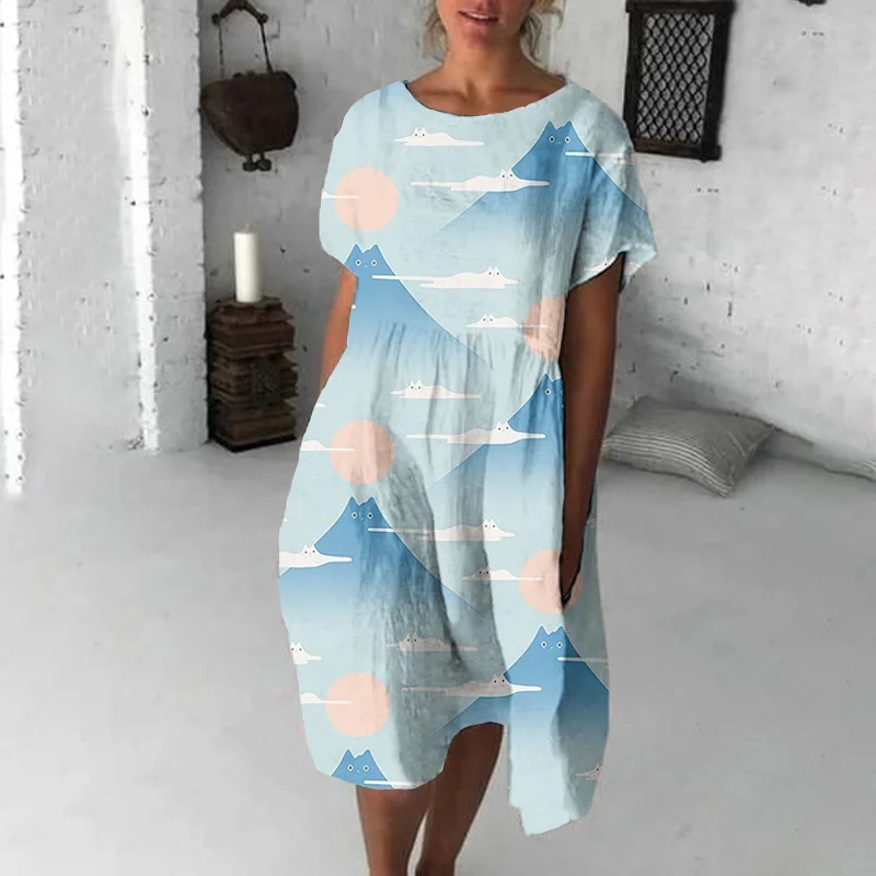 Abstract Cat Clouds Mountain Sunset Art Linen Blend Loose Casual Midi Dress