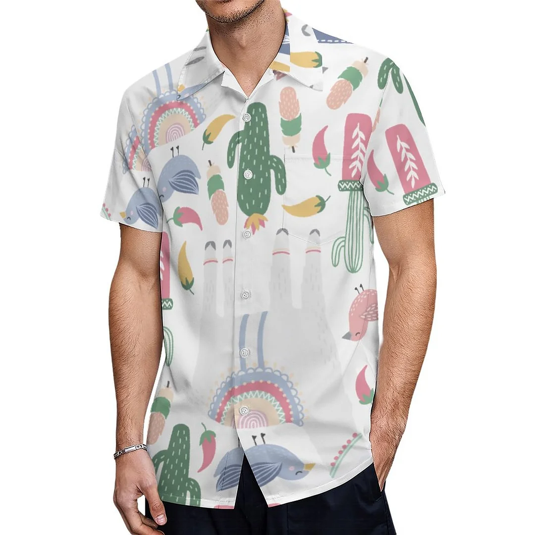 Short Sleeve Llama Whimsical Botanical Hawaiian Shirt Mens Button Down Plus Size Tropical Hawaii Beach Shirts