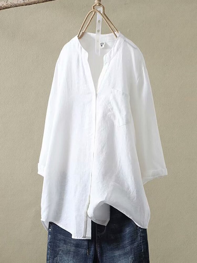 Solid Color Button Stand Collar 3/4 Length Sleeve Pocket Women Blouse P1858665