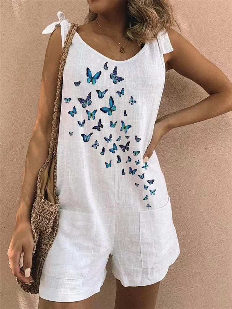 Blue Butterfly Sleeveless Adjustable Straps Pockets Loose Romper