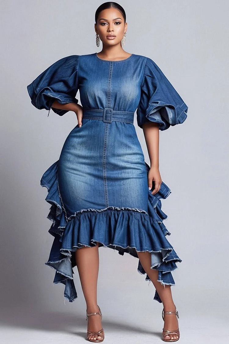 Xpluswear Design Plus Size Party Blue Round Neck Puff Sleeve Short Sleeve Ruffle Bodycon Denim Midi Dresses [Pre-Order] 2024 - Xpluswear