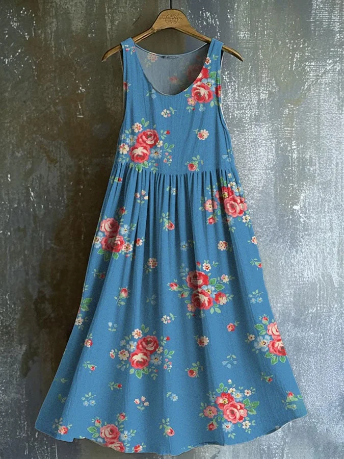 Cotton and linen woven retro pastoral style literary small floral suspender dress 