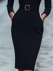 refined black belted sheath dress with mandarin collar Belted Shirt Dress with Mandarin Collar main image 0