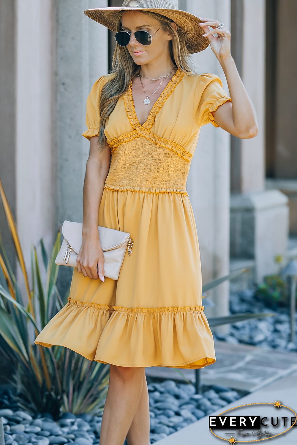 Yellow Frilled Shirred High Waist V Neck Midi Dress