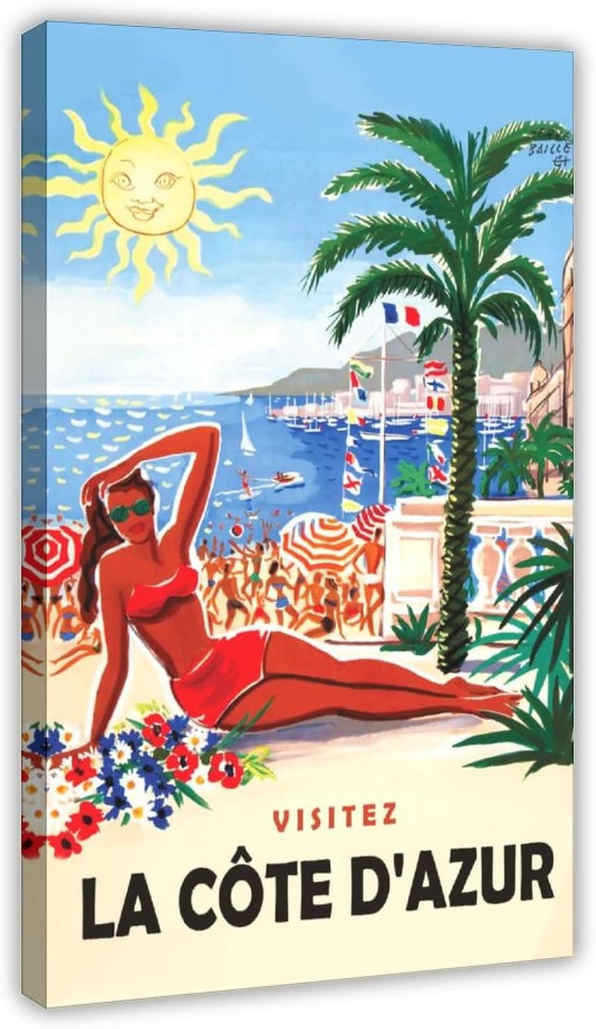 French Riviera Beach Travel Poster Canvas Poster Wall Art Decor Print Picture Paintings for Living Room Bedroom Decoration Frame: 24x36inch(60x90cm) Frame:24x36inch(60x90cm)