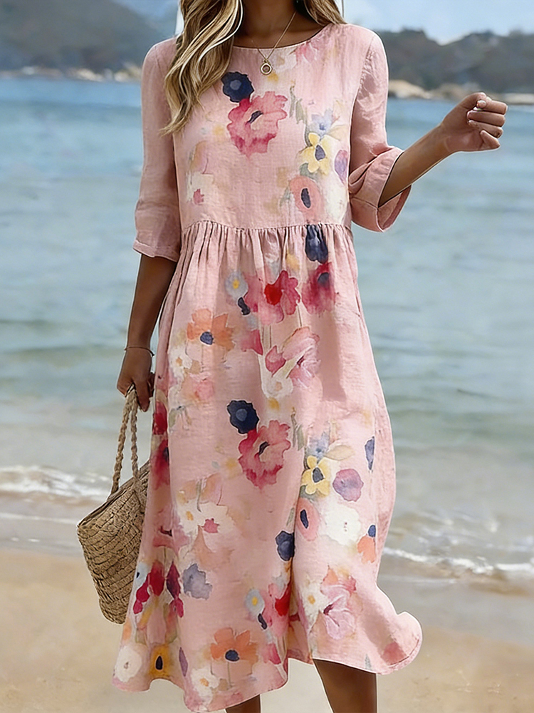 Pink Floral Watercolor Art Comfy Linen Midi Dress wearshes