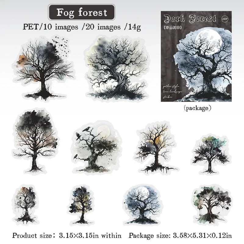 PET Sticker - Dark Forest Series Vintage Gothic Tree Landscaping Material Collage 
