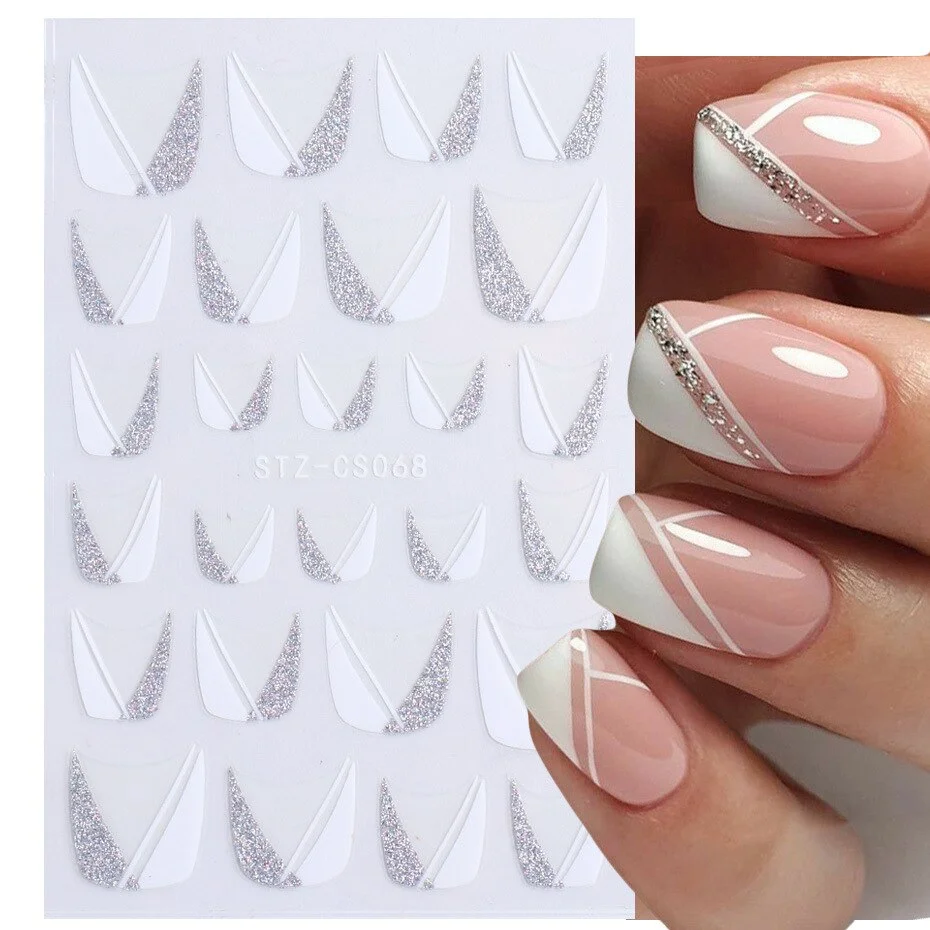 Nail Stickers Back Glue Glitter V-shaped French Patch Skirt Streamers Milk Designs Nail Decal Decoration Tips For Beauty Salons-Nail Inspo