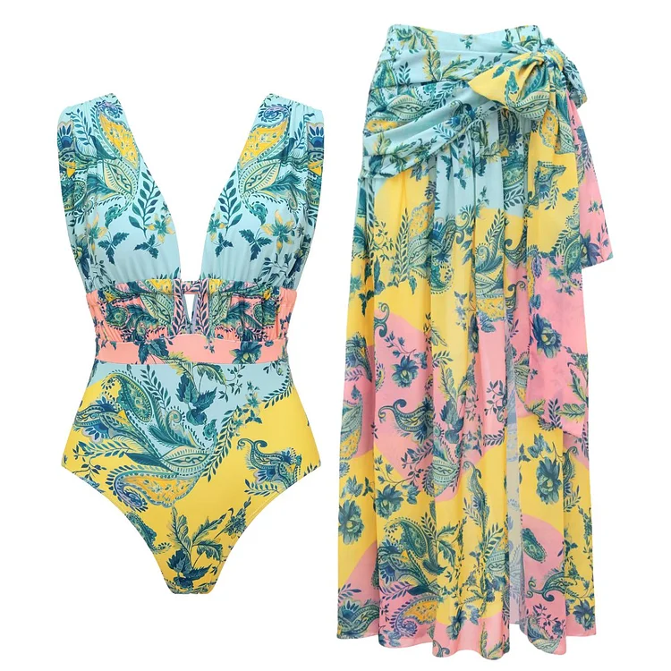 Color Block Printed One Piece Swimsuit and Skirt