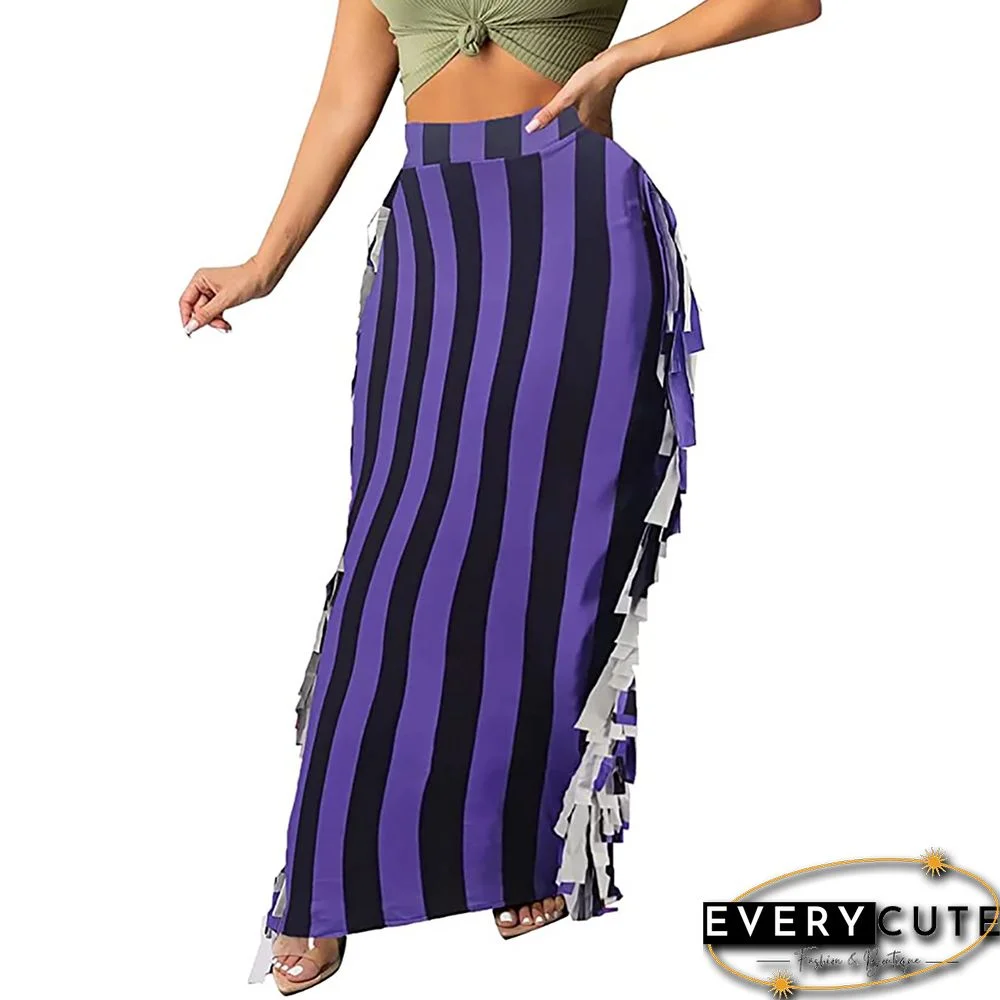 Purple Striped Cotton Blend Sides Tassel Maxi Skirt