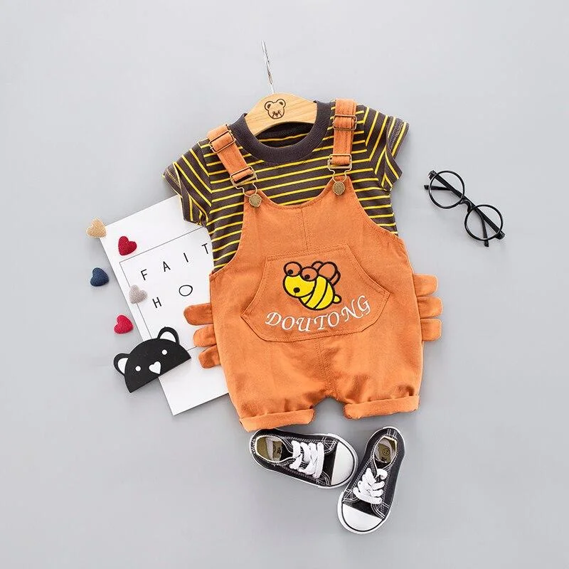 Casual Boys Clothing Set Baby 2pieces/Set Clothing Striepd T-Shirt + Short Overalls Infant Outfits Set Baby Clothes Suit