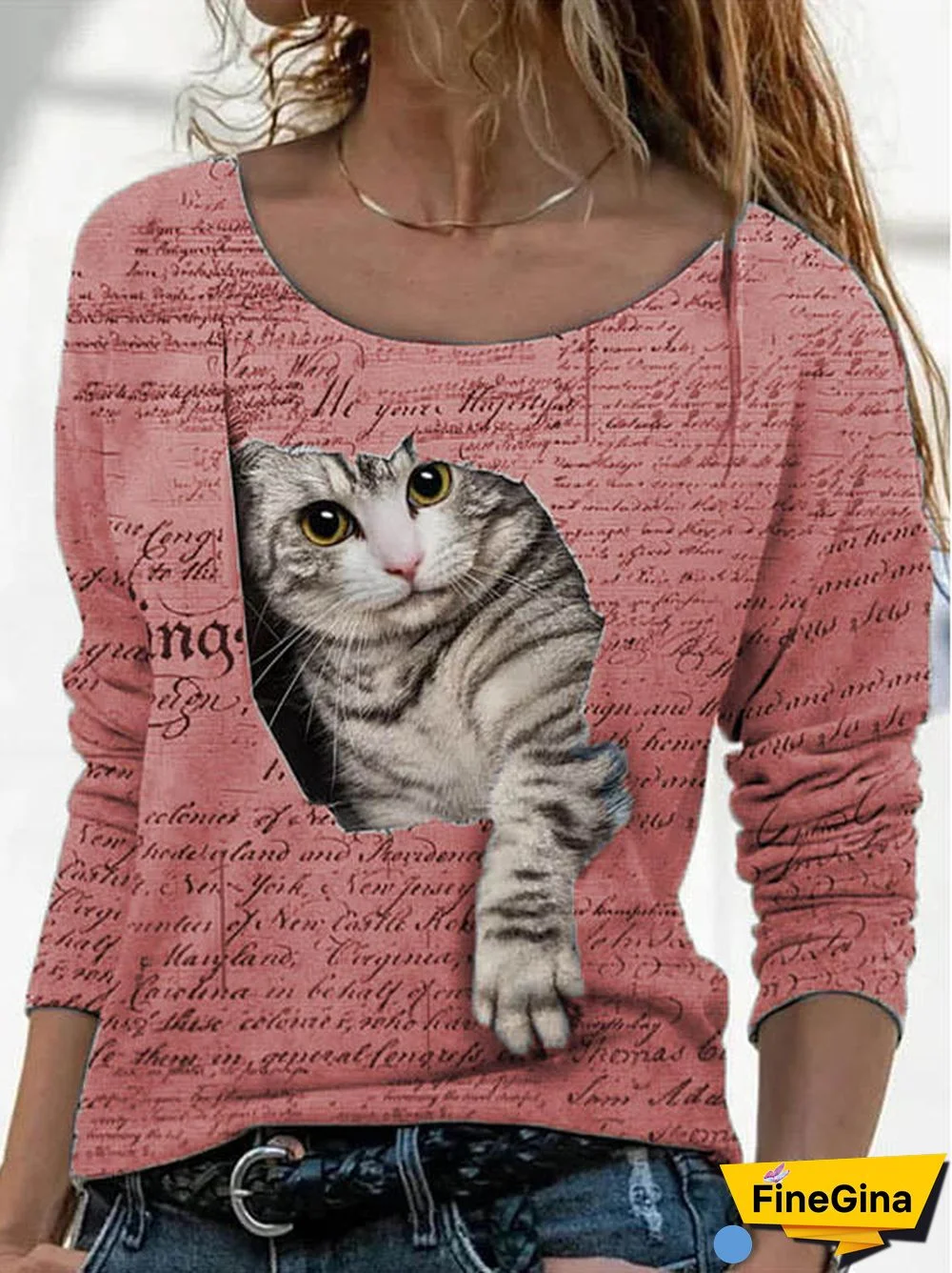 Long Sleeve Round Neck Cat Print Top