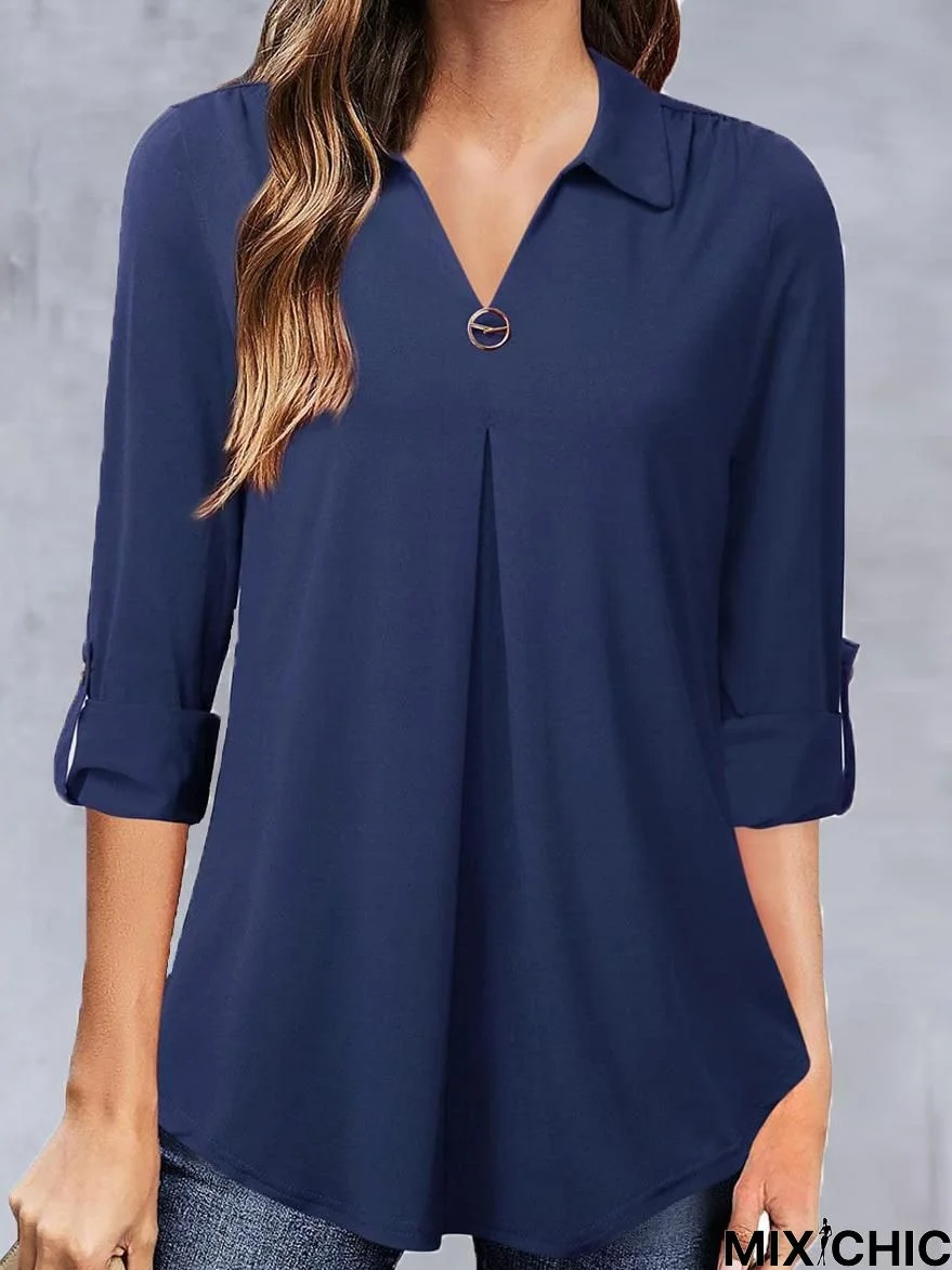 V-Neck Solid Color Casual Long-Sleeved Blouse