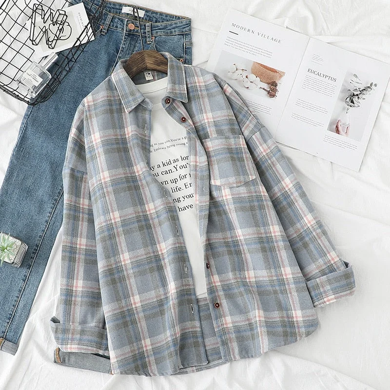 Autumn Winter Plaid Shirts Women Loose Blouses Woolen Lady Tops Female Clothes Outwear