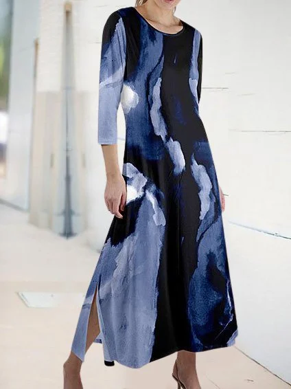 Abstract 3/4 Sleeve Printed Long Dresses