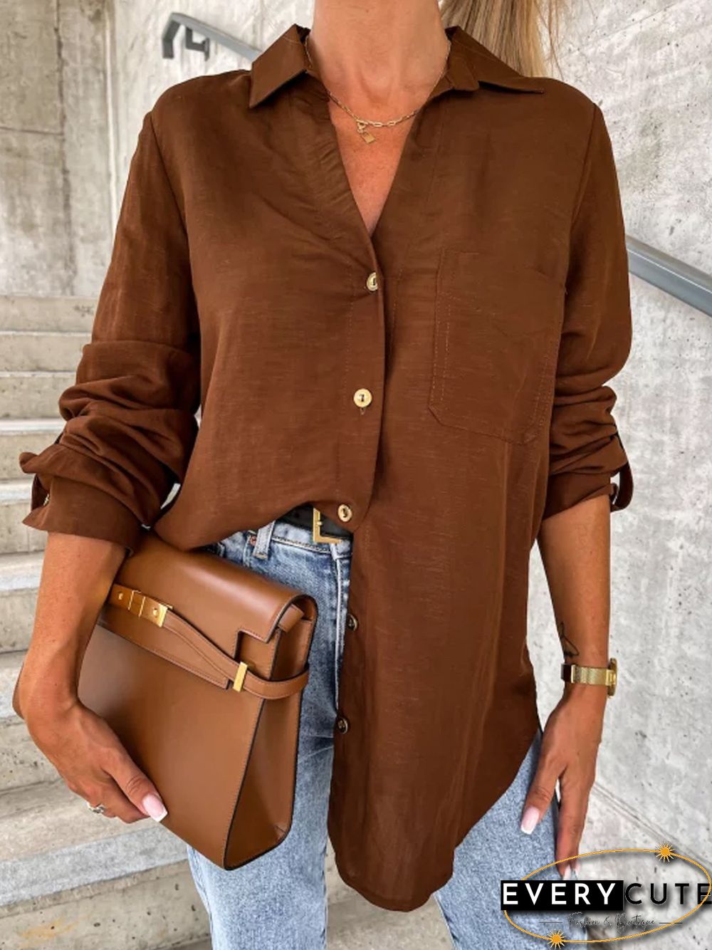 Women Casual Plain Autumn Polyester Micro-Elasticity Daily Loose Regular Shirt Collar Blouse