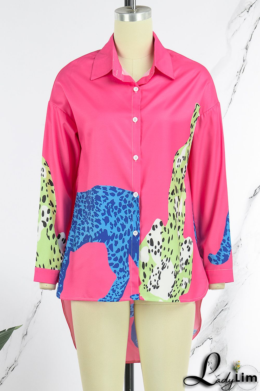 Rose Red Casual Street Print Patchwork Buckle Turndown Collar Tops