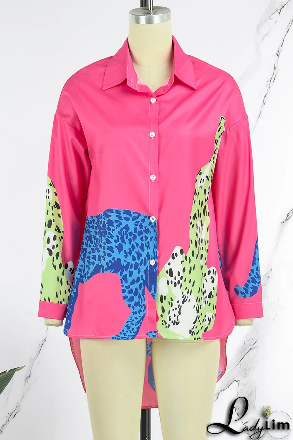 Rose Red Casual Street Print Patchwork Buckle Turndown Collar Tops