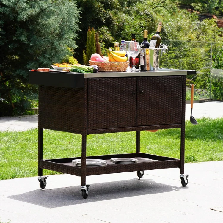 GRAND PATIO Grand Patio Tietsia Bar Cart, Rolling Wicker Bar Cart w/Storage Cabinet