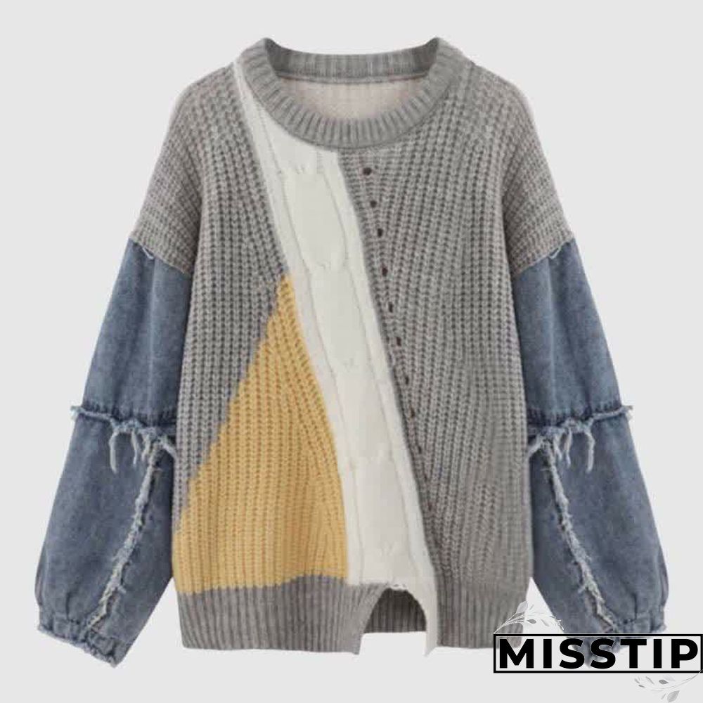 Denim Sleeve Colorblock Loose Round Collar Sweater