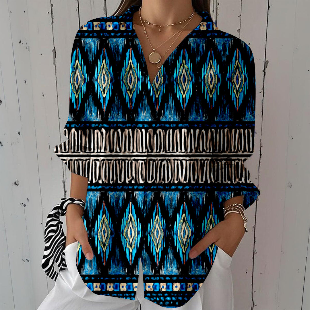 Women Long Sleeve V-neck Graphic Floral Printed Top