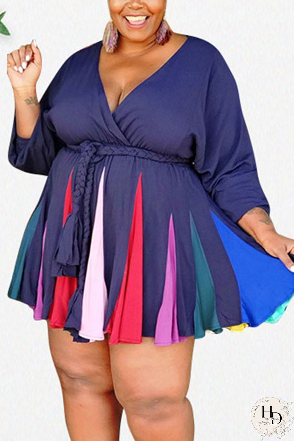 Yellow Sexy Print With Belt V Neck A Line Plus Size