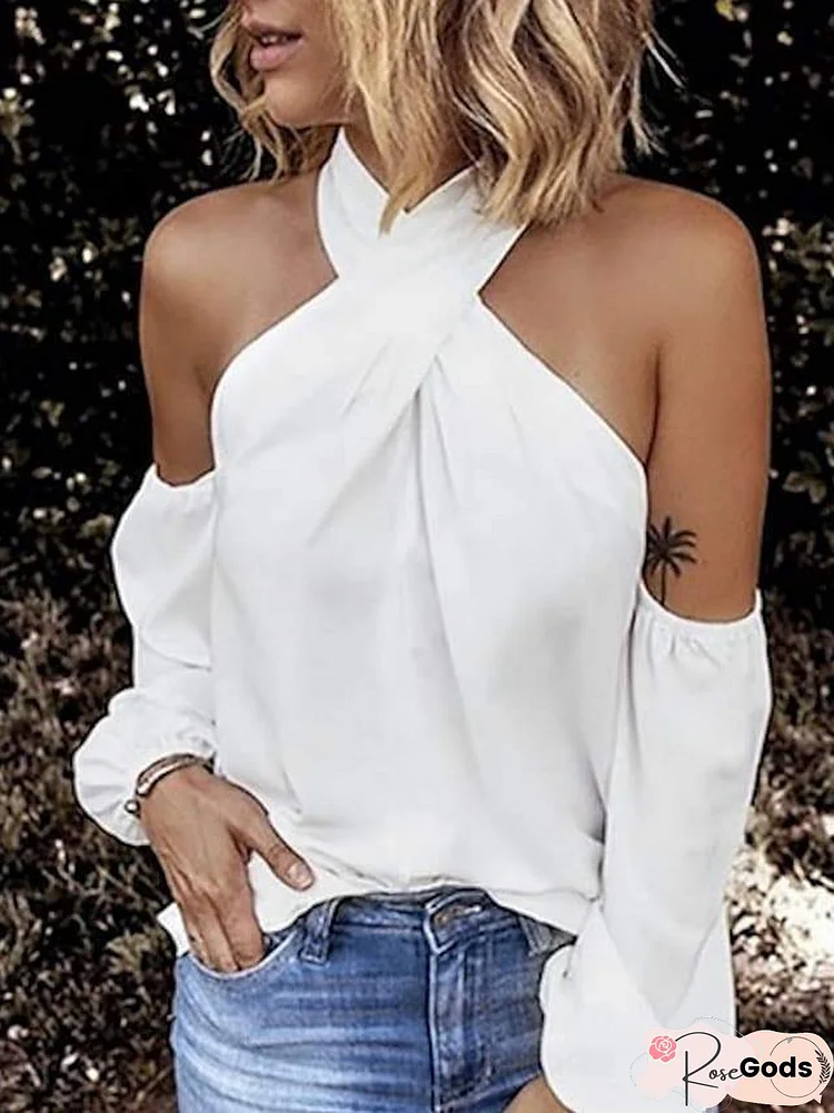Women's Blouse Shirt Solid Colored Long Sleeve Halter Neck Tops Basic Top White Black Wine