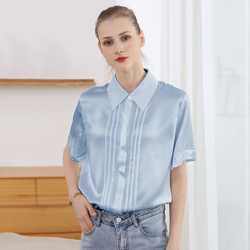 Polo Collar Pleated Design Silk Shirt Light Blue