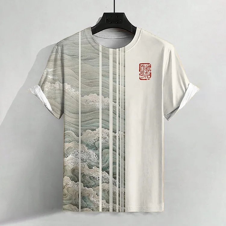Men'S Retro Sea Wave Art Printed Color Block Casual Tee
