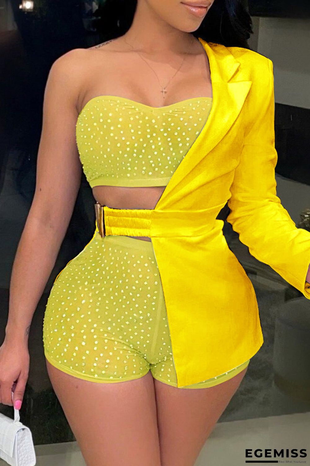 Yellow Fashion Sexy Patchwork Hollowed Out Beading Strapless Long Sleeve Two Pieces | EGEMISS