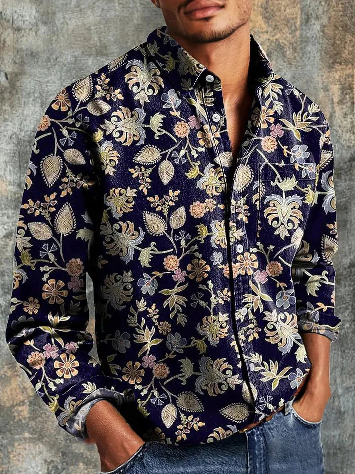 Men's Vintage Romantic Floral Art Print Long Sleeve Pocket Shirt