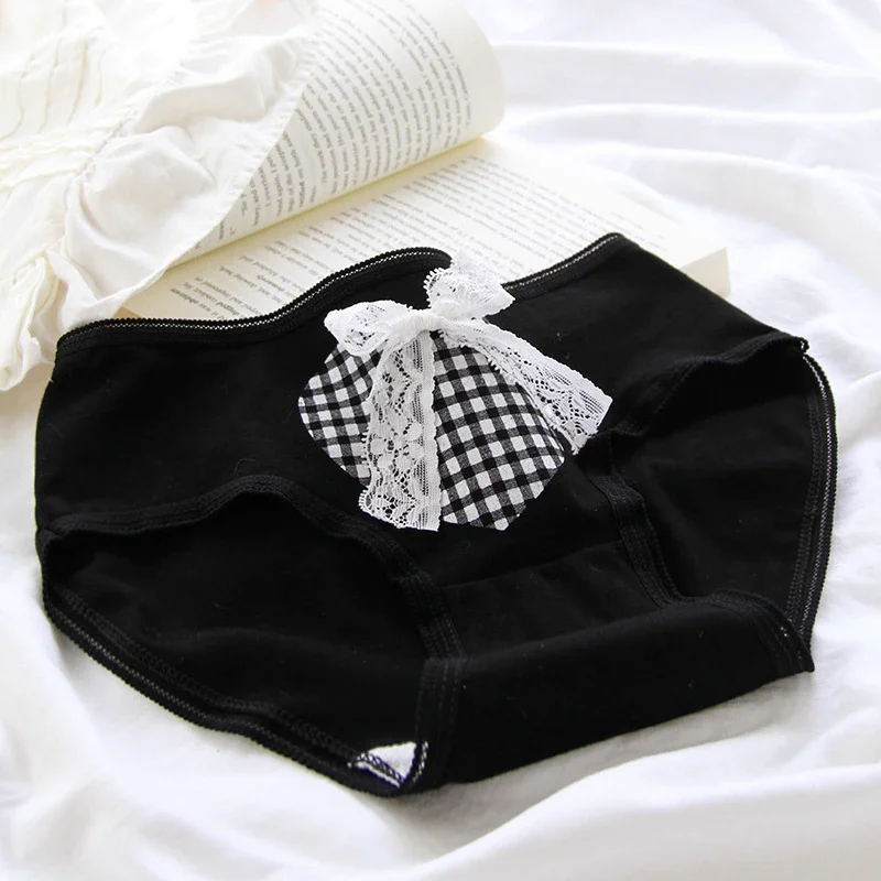 Billionm Love Plaid Girls Panties Student Cotton Crotch Mid Waist Ladies Shorts Female Lolita Bow Black Series Sexy Underwear Women