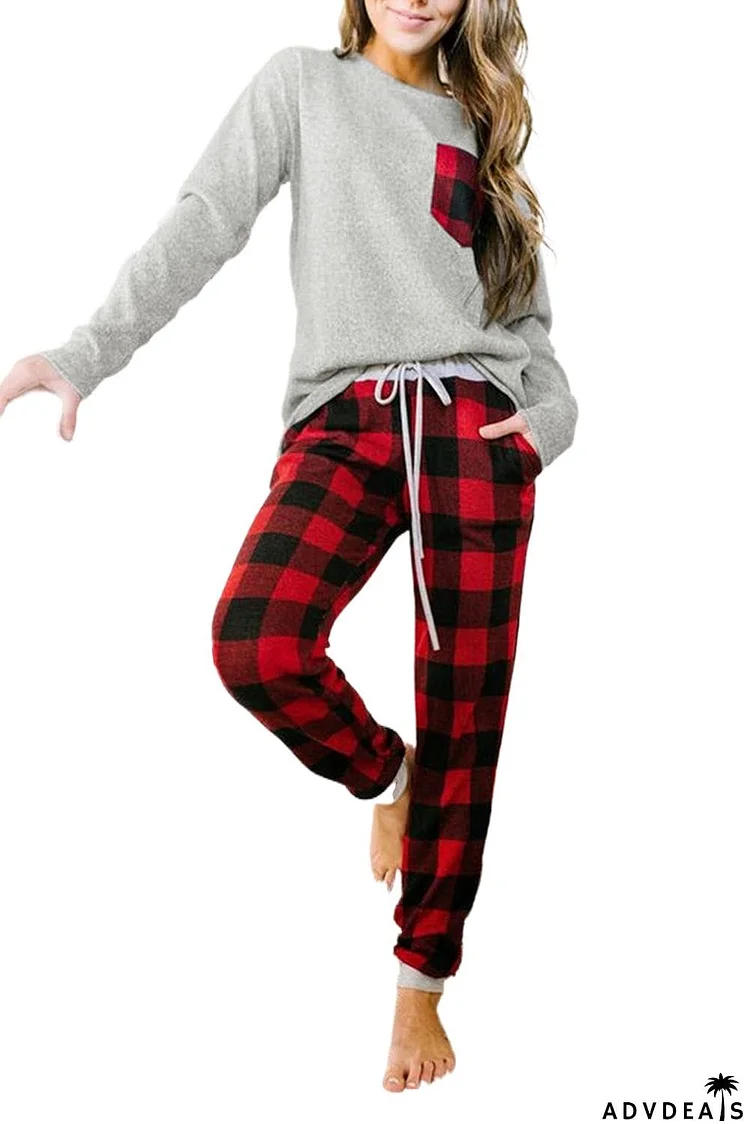 Plaid Drawstring Loungewear Set with Pocket