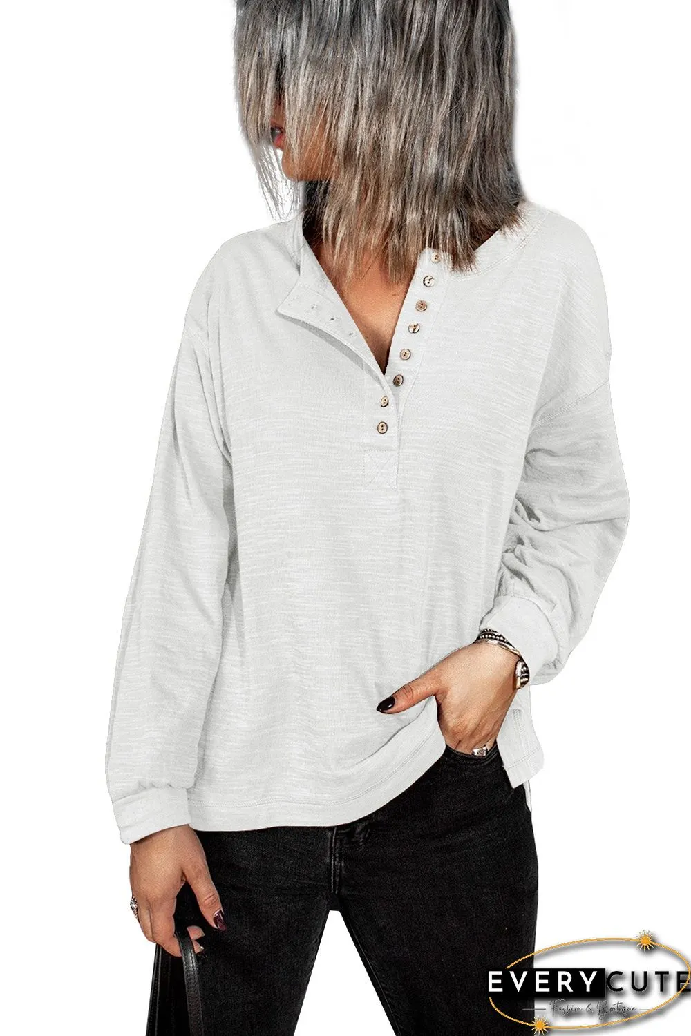 White Solid Color Buttoned Front Long Sleeve Top