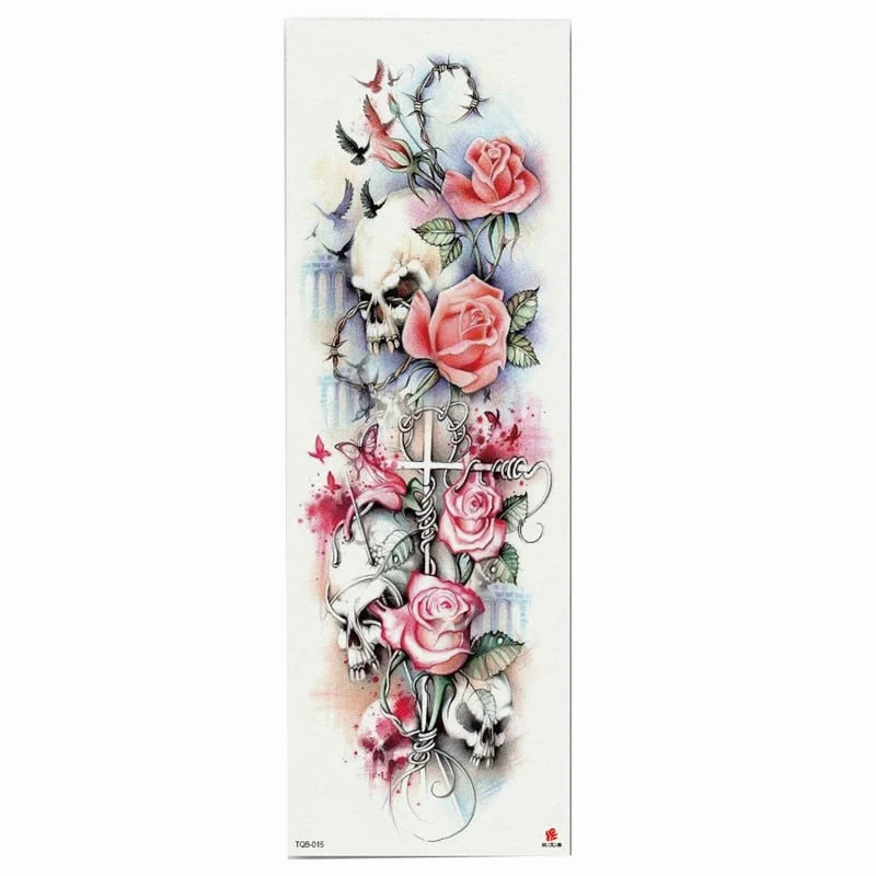 2018 New Full Flower Arm Tattoo Sticker Skeletons and Roses Temporary Body Paint Water Transfer Tattoo Sleeve