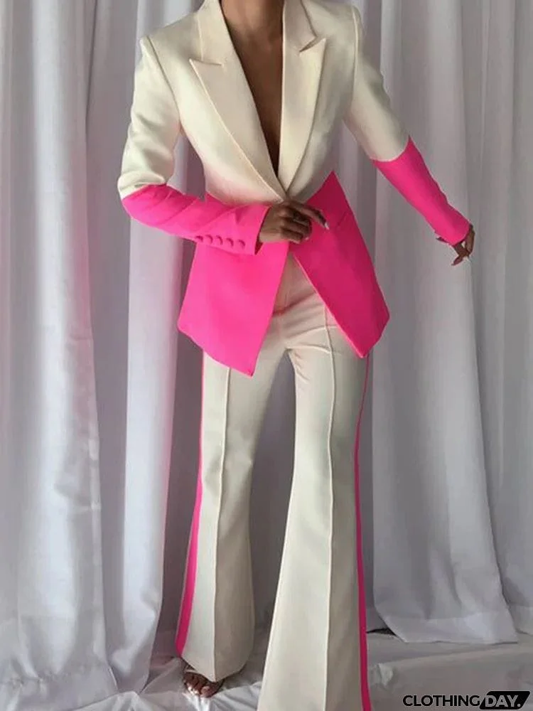 Urban Fluorescent Contrast Colorlong Sleeves Blazer Flared Pants Two-Pieces Set