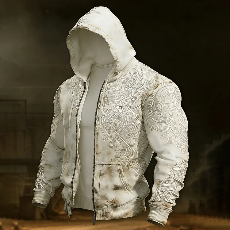 Men's Vintage Viking Wolf Celtic Zipper Up Casual Hoodie