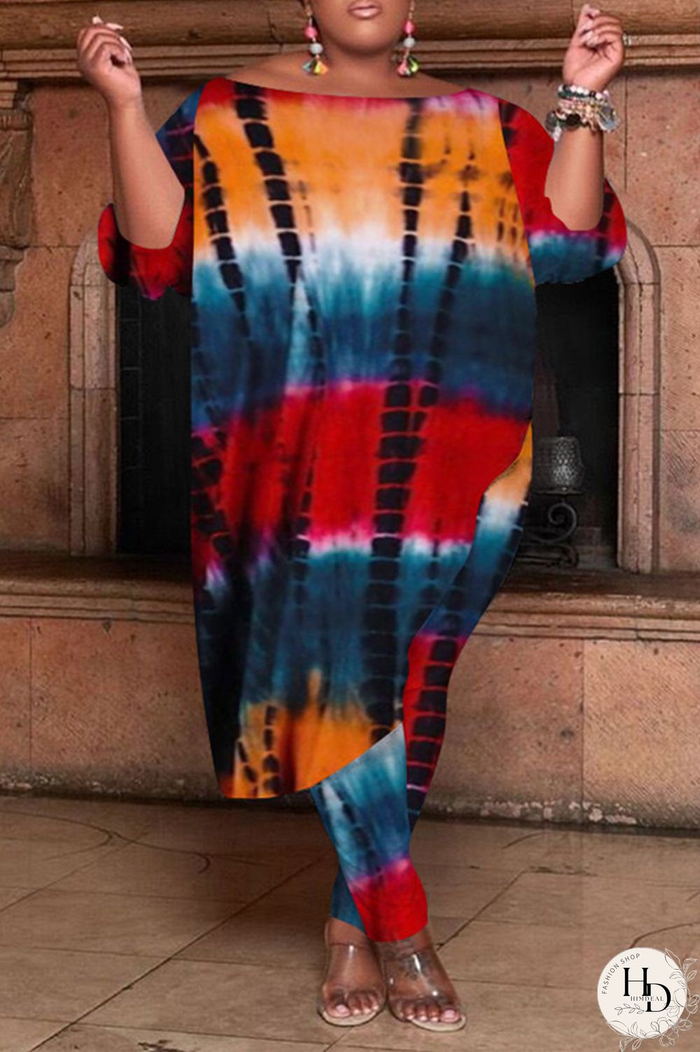 Yellow Fashion Casual Tie Dye Asymmetrical O Neck Plus Size Two Pieces