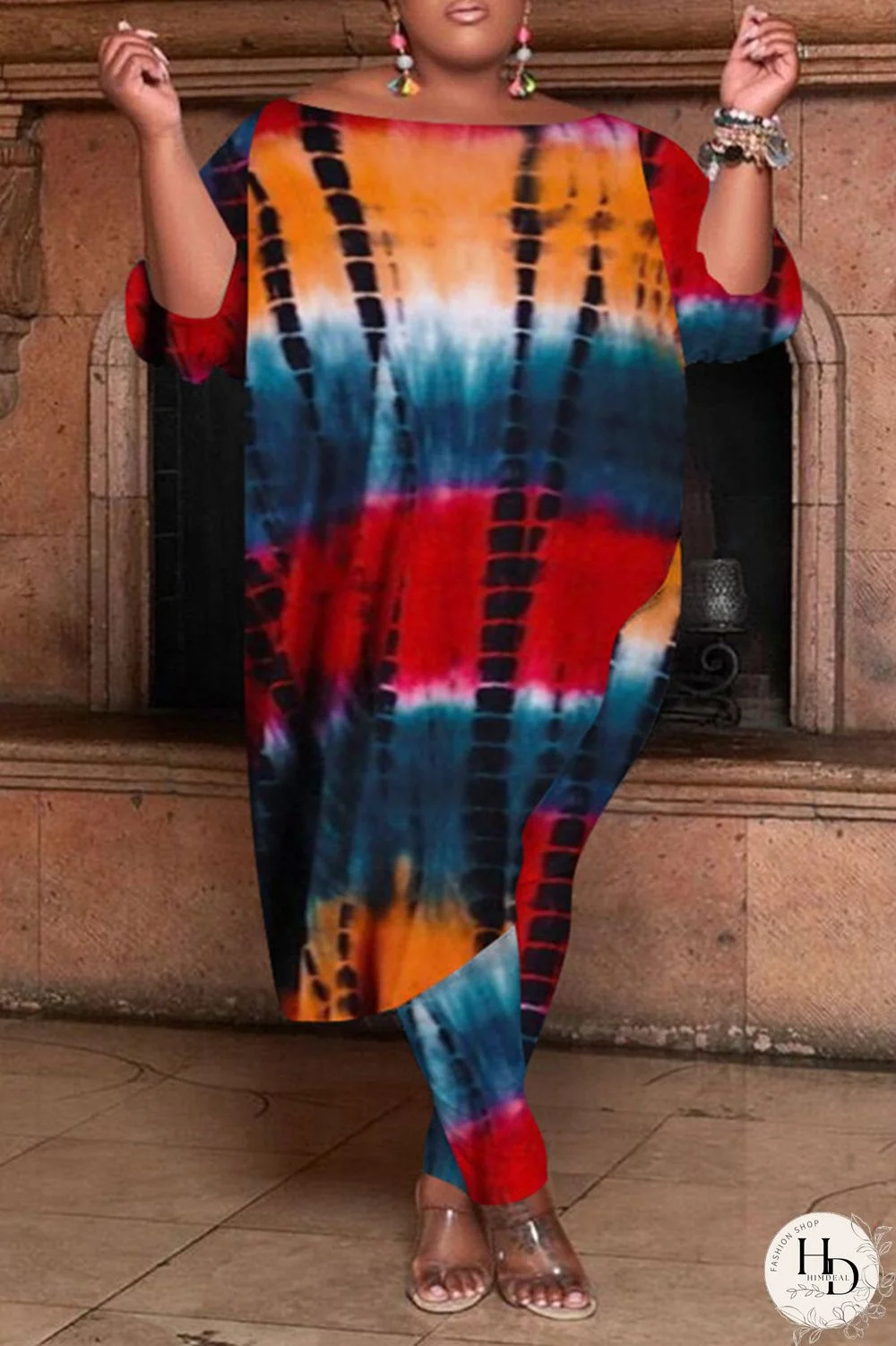 Yellow Fashion Casual Tie Dye Asymmetrical O Neck Plus Size Two Pieces